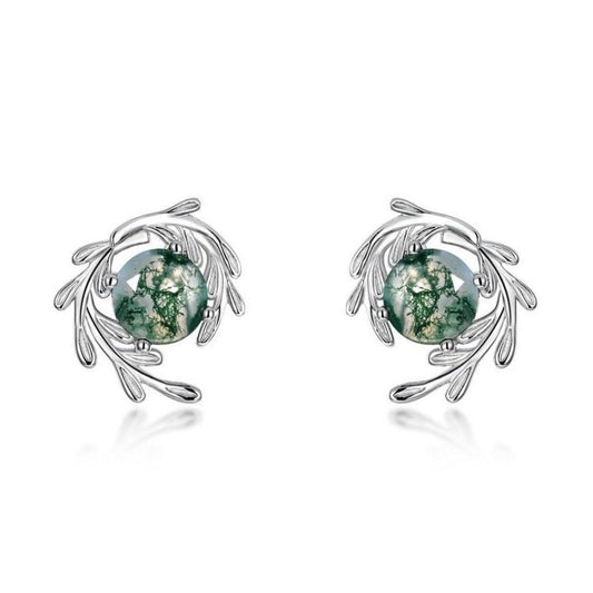 Round cut Natural Green Moss Agate Plant Inspired Anniversary Earrings-Black Diamonds New York
