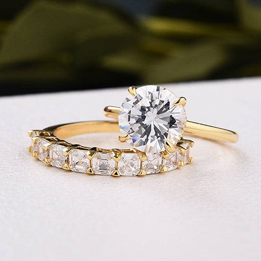 Round Cut Simulated Diamonds Yellow Gold Engagement Ring Set-Black Diamonds New York