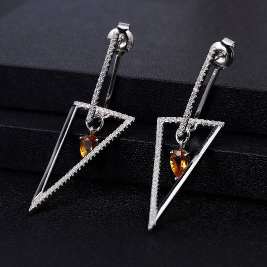 Triangle Natural Citrine Gemstone Drop Earrings-Black Diamonds New York