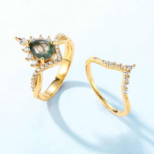 Vintage Pear cut Natural Moss Agate Wedding Ring-Black Diamonds New York