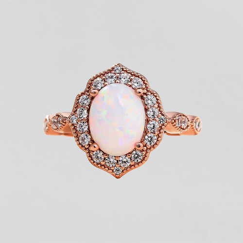 Vintage Rose Gold Oval Cut Opal Engagement Ring-Black Diamonds New York