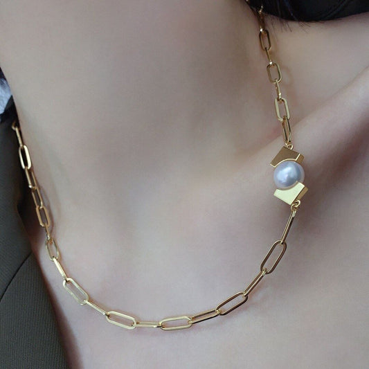 White Freshwater Pearl 18K Yellow Gold Necklace-Black Diamonds New York