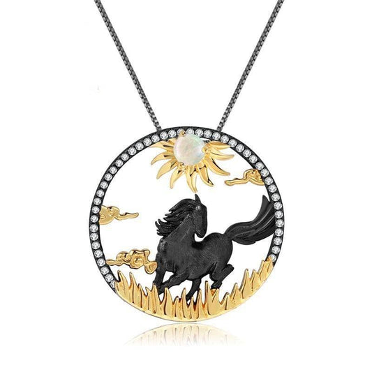 Year Of The Horse- Galloping Horse Natural African Opal Necklace-Black Diamonds New York