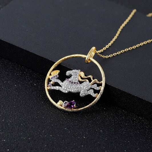 Year Of The Horse- Galloping Horse Natural Amethyst Necklace-Black Diamonds New York