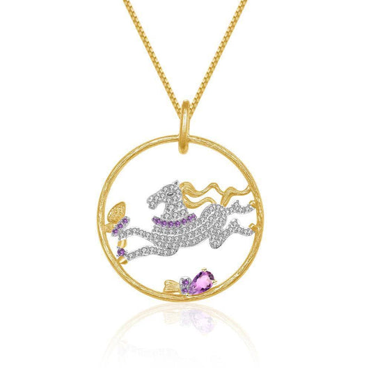 Year Of The Horse- Galloping Horse Natural Amethyst Necklace-Black Diamonds New York