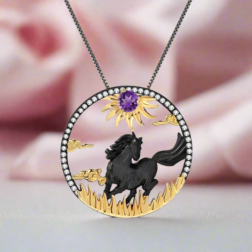 Year Of The Horse- Natural Amethyst Handmade Sun & Horse Necklace-Black Diamonds New York