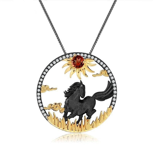 Year Of The Horse-Natural Red Garnet Gemstone Handmade Sun & Horse Necklace-Black Diamonds New York