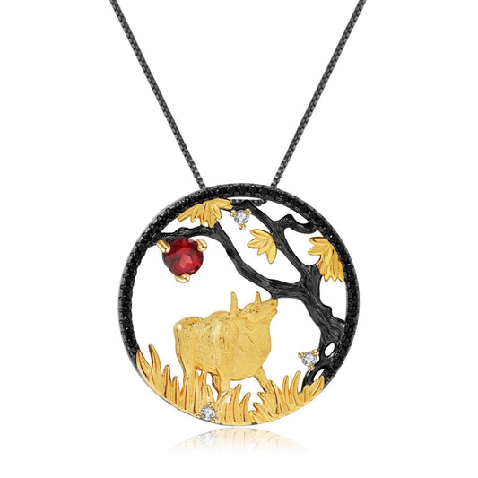 Year Of The Ox-Natural Red Garnet Handmade Patient Ox Necklace-Black Diamonds New York