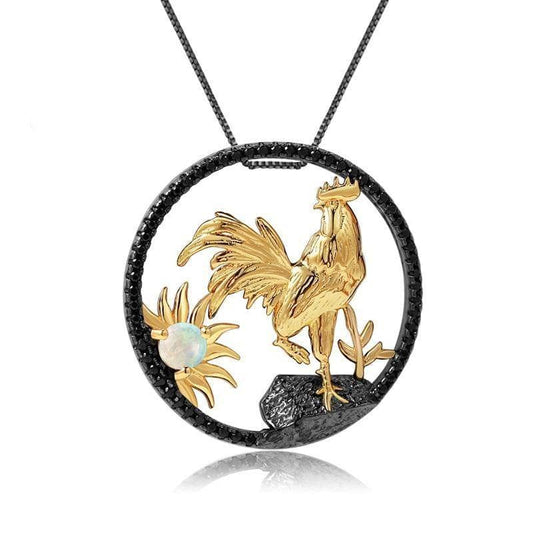 Year Of The Rooster- Natural African Opal Gemstone Rooster Necklace-Black Diamonds New York