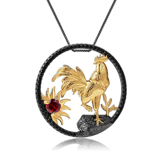 Year Of The Rooster-Natural Red Garnet Handmade Rooster Necklace-Black Diamonds New York