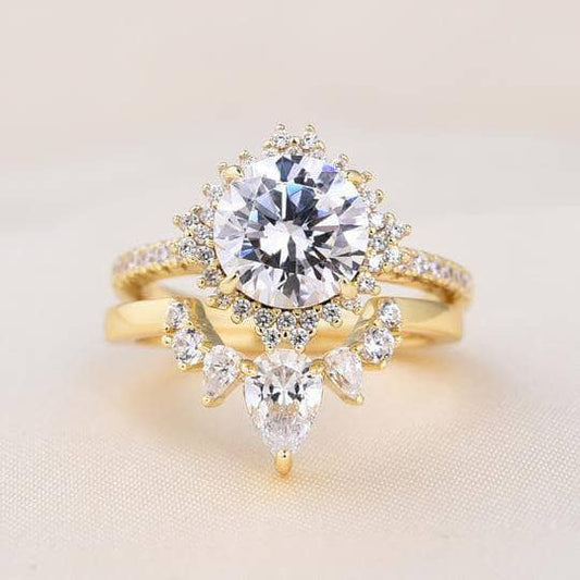 Yellow Gold Flower Halo Design Round Cut Wedding Set-Black Diamonds New York