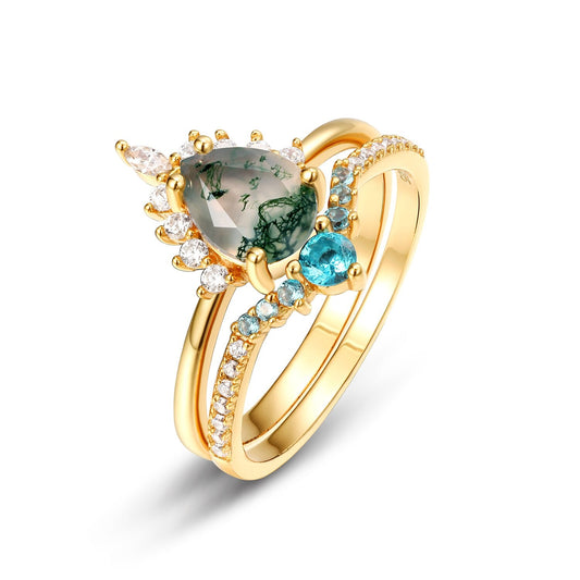 Yellow Gold Pear-cut Natural Moss Agate Vintage Inspired Wedding Rings-Black Diamonds New York