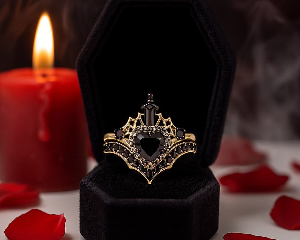 Black Heart Diamond with Sword and Spider Web Wedding Rings