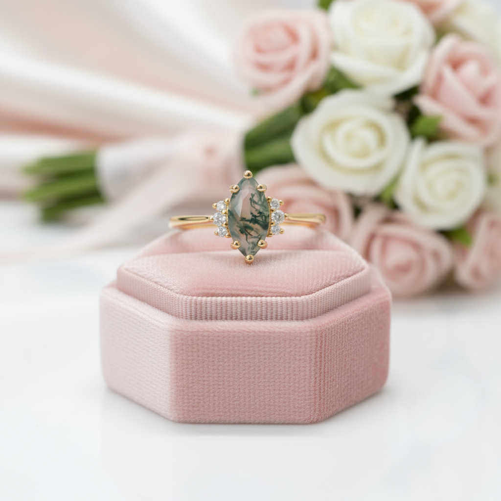 0.97 ctw Marquise Cut Art Deco Moss Agate Engagement Ring-Black Diamonds New York