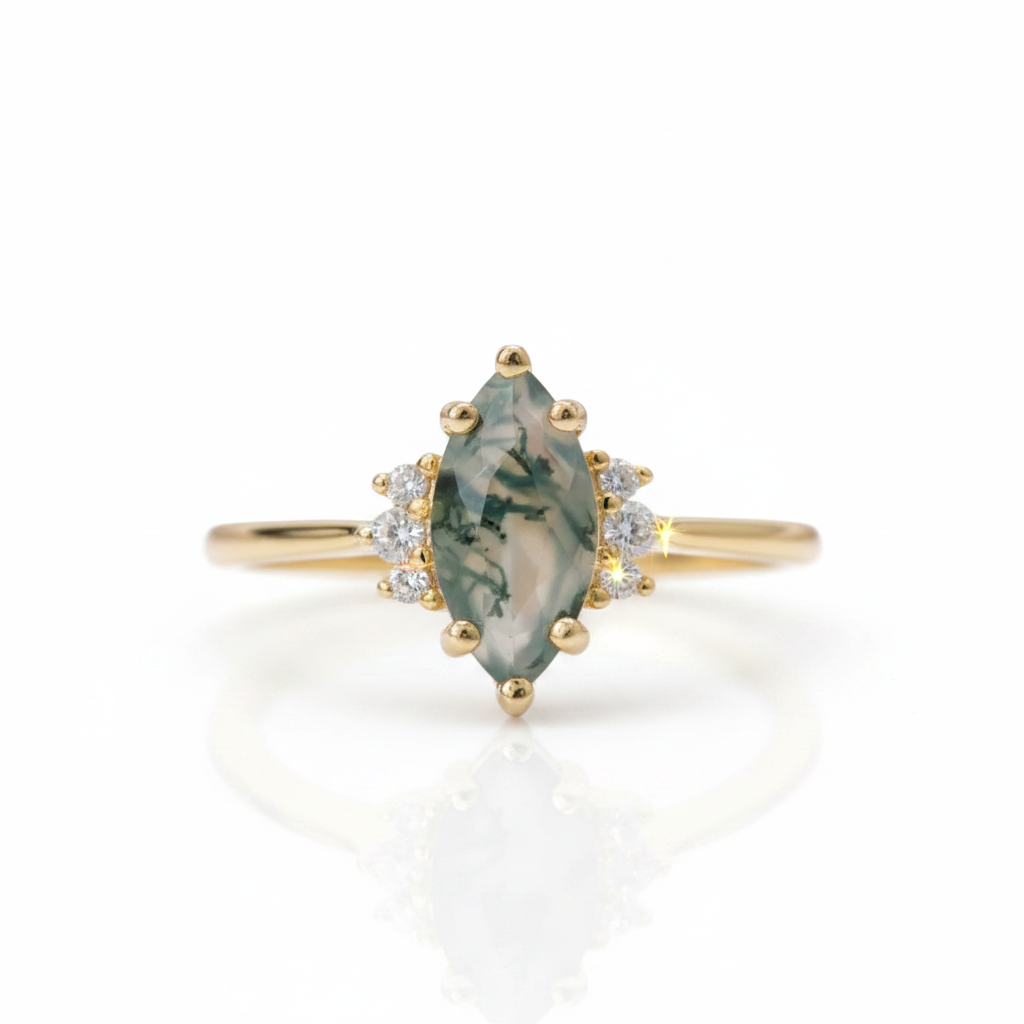 0.97 ctw Marquise Cut Art Deco Moss Agate Engagement Ring-Black Diamonds New York