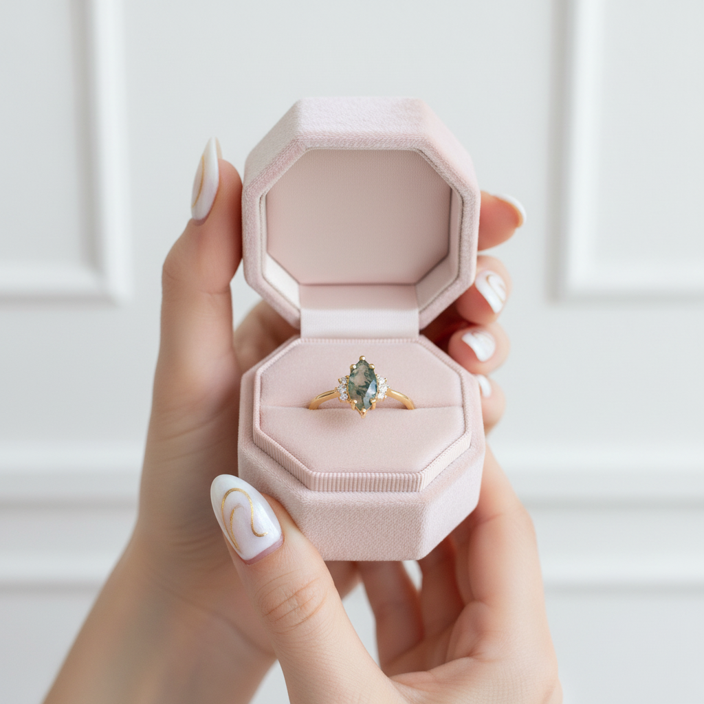 0.97 ctw Marquise Cut Art Deco Moss Agate Engagement Ring-Black Diamonds New York