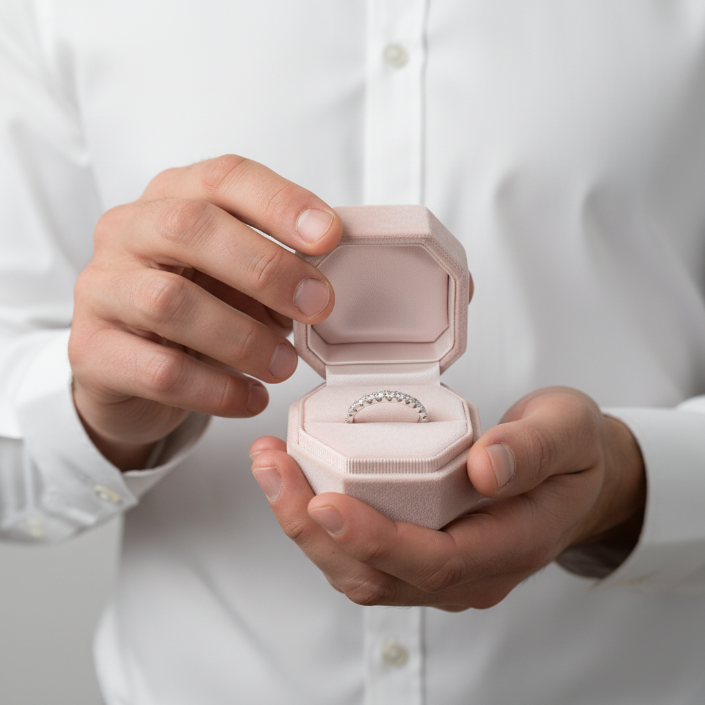 Person holding a pink jewelry box with a ring inside, wearing a white shirt.