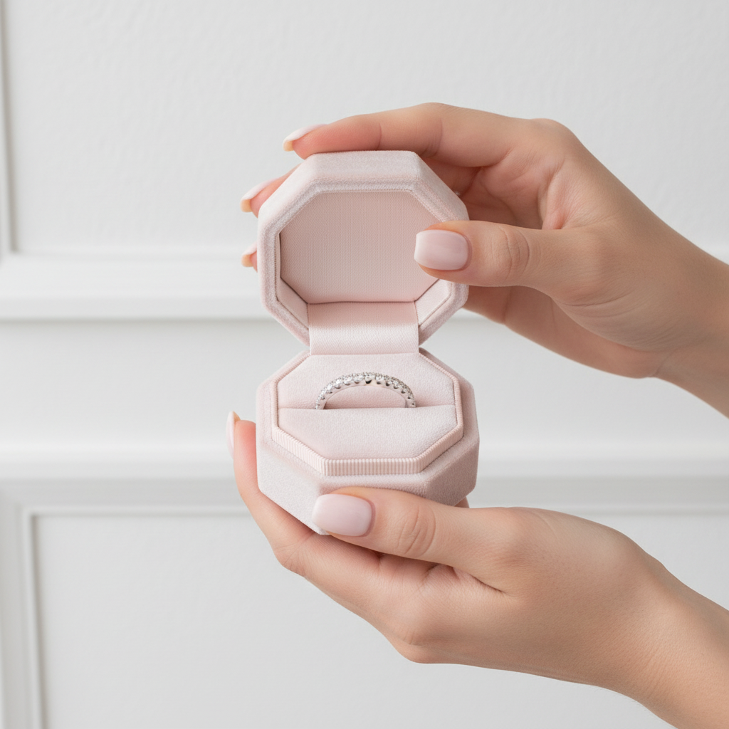 Hand holding a pink jewelry box with a ring inside against a white background