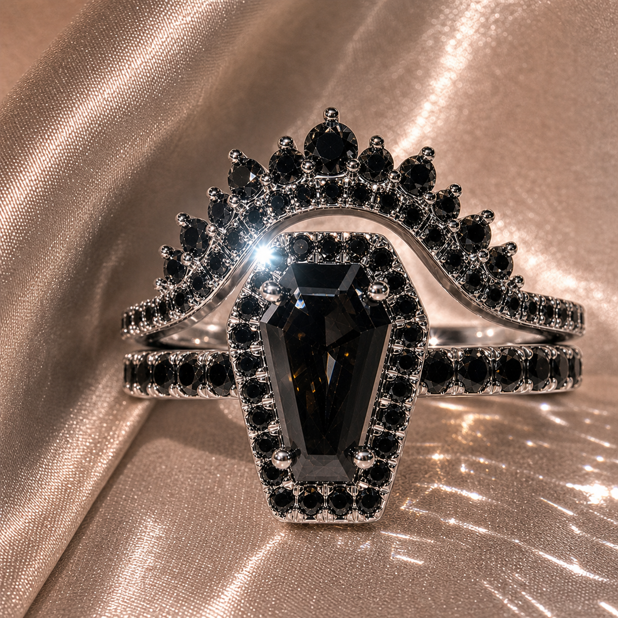 Best Love Rings- Rare Coffin Cut Diamond Option 14k Gold Gothic Ring Set-Black Diamonds New York