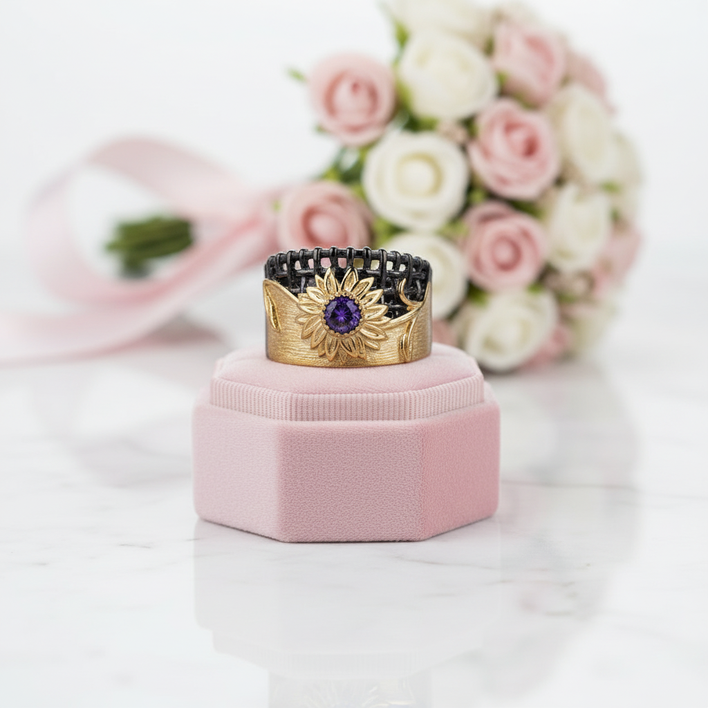 0.28Ct Amethyst Gemstones Chrysanthemum Ring-Black Diamonds New York