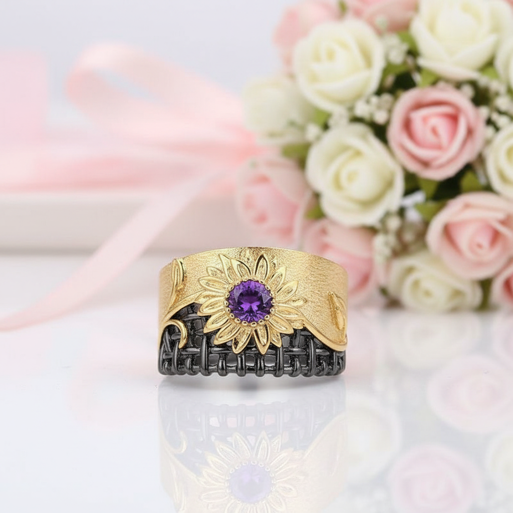 0.28Ct Amethyst Gemstones Chrysanthemum Ring-Black Diamonds New York