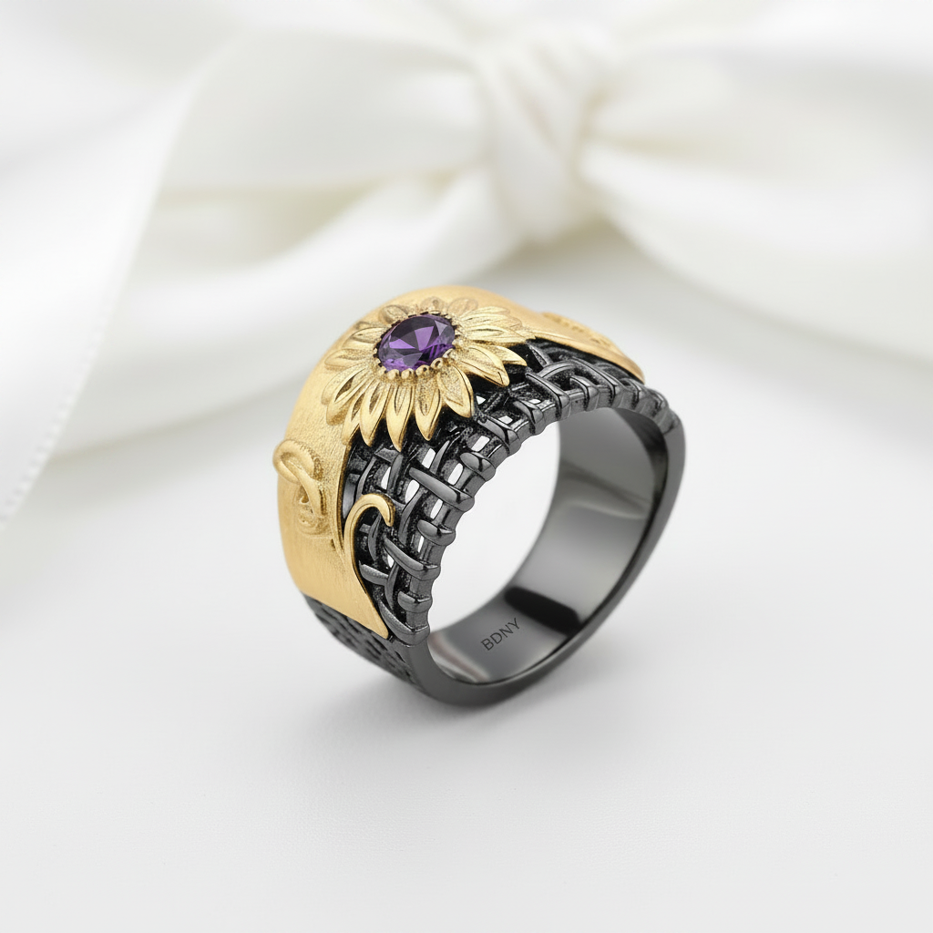 0.28Ct Amethyst Gemstones Chrysanthemum Ring-Black Diamonds New York