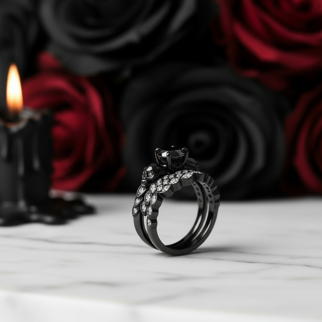You're My Forever- 1.25 Carat Round Cut Diamond Option Skulls Promise Ring Set-Black Diamonds New York