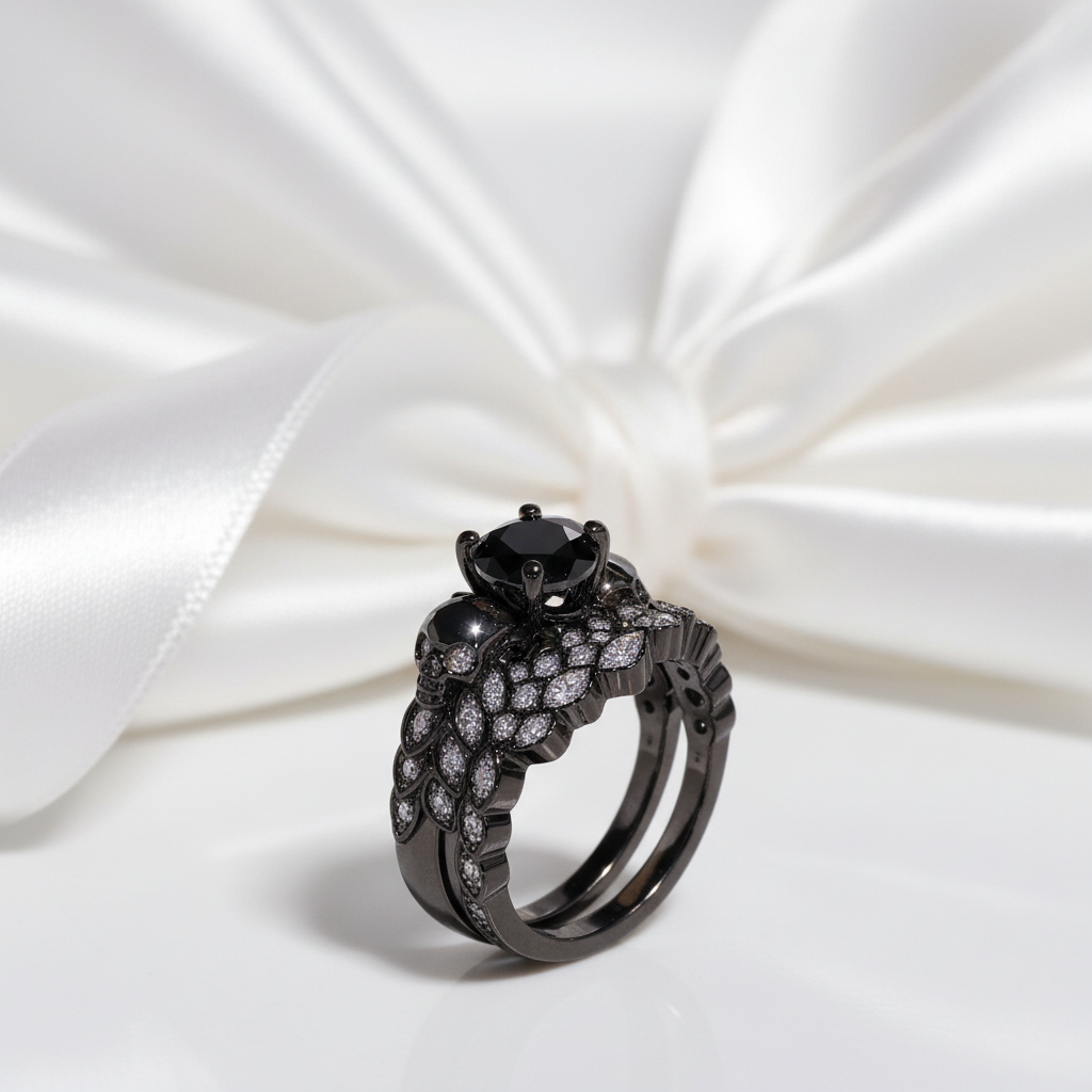 You're My Forever- 1.25 Carat Round Cut Diamond Option Skulls Promise Ring Set-Black Diamonds New York
