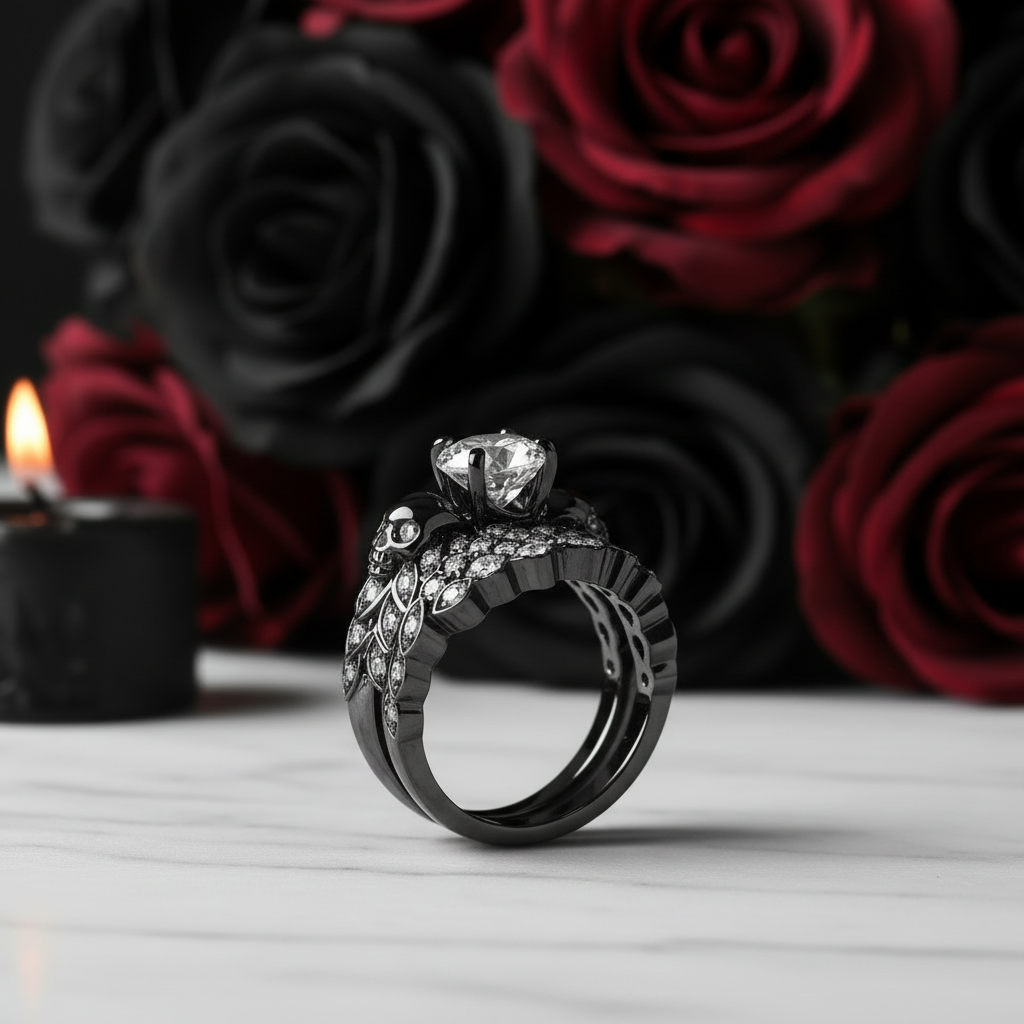 You're My Forever- 1.25 Carat Round Cut Diamond Option Skulls Promise Ring Set-Black Diamonds New York