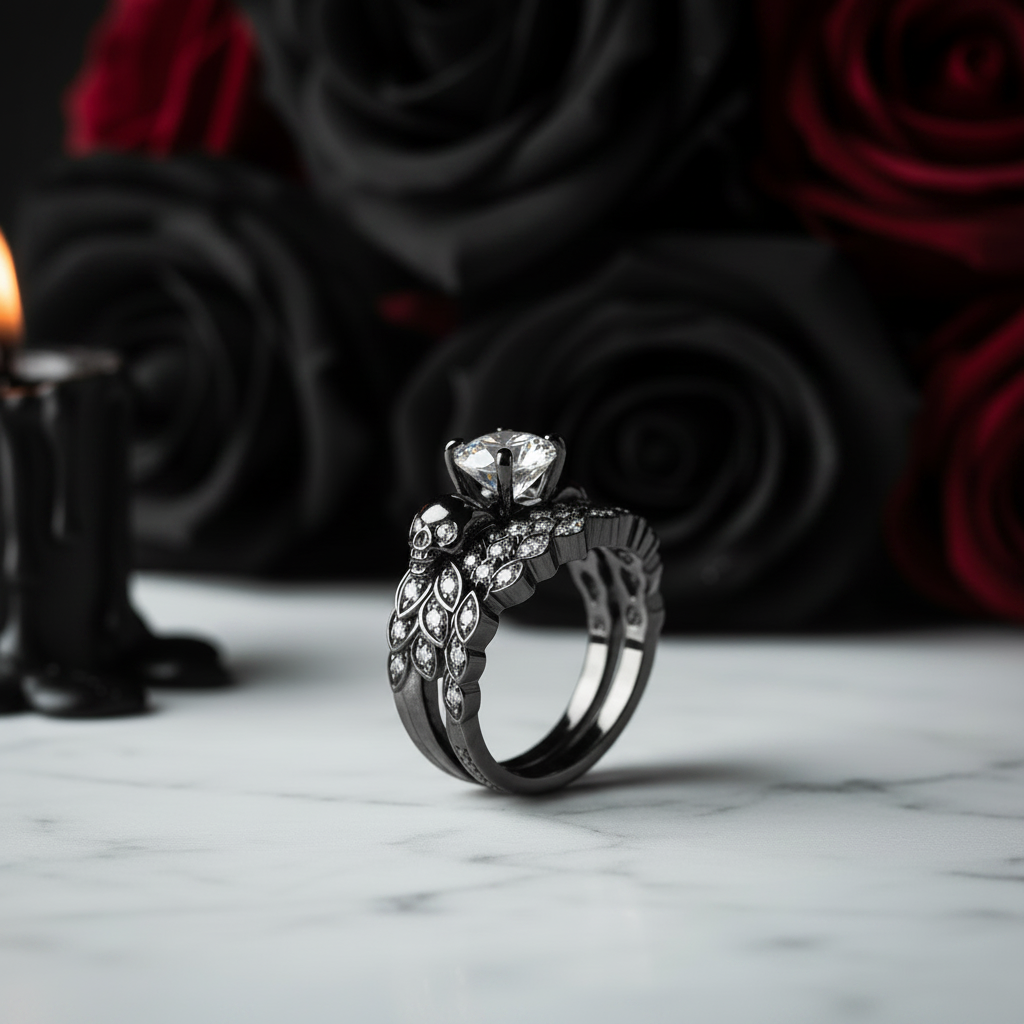 You're My Forever- 1.25 Carat Round Cut Diamond Option Skulls Promise Ring Set-Black Diamonds New York