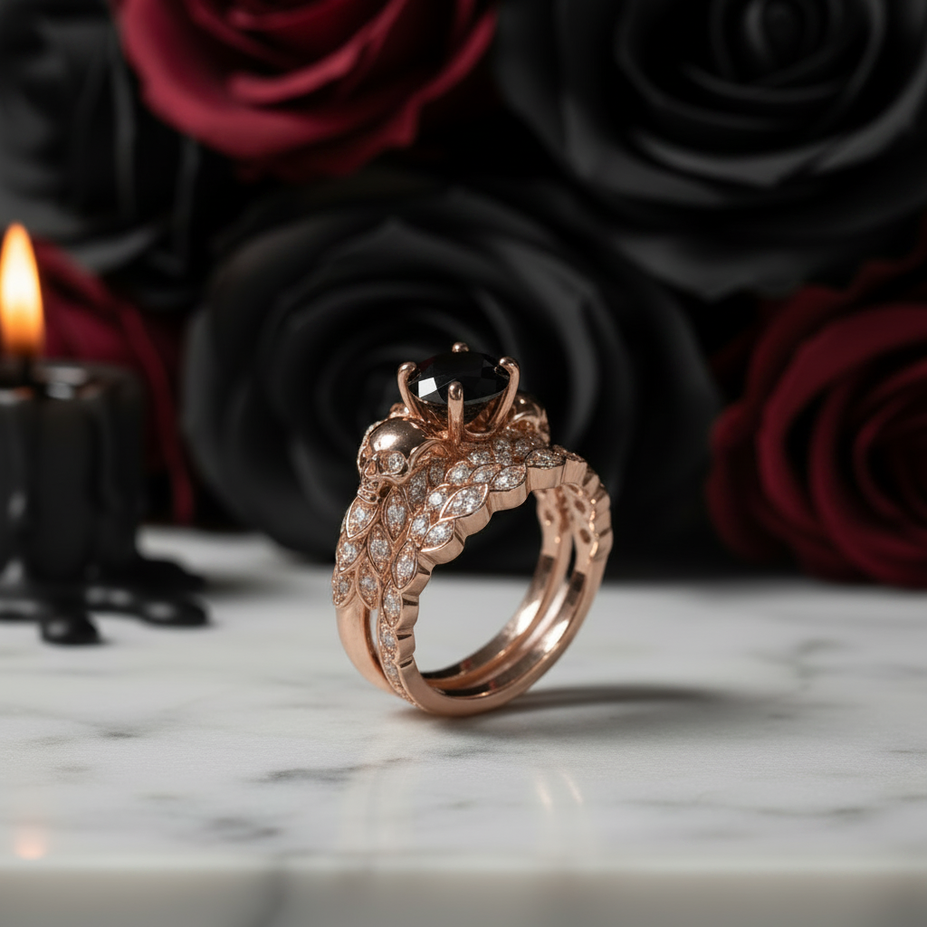 You're My Forever- 1.25 Carat Round Cut Diamond Option Skulls Promise Ring Set-Black Diamonds New York
