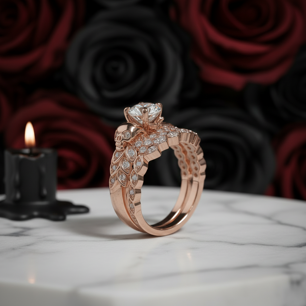 You're My Forever- 1.25 Carat Round Cut Diamond Option Skulls Promise Ring Set-Black Diamonds New York