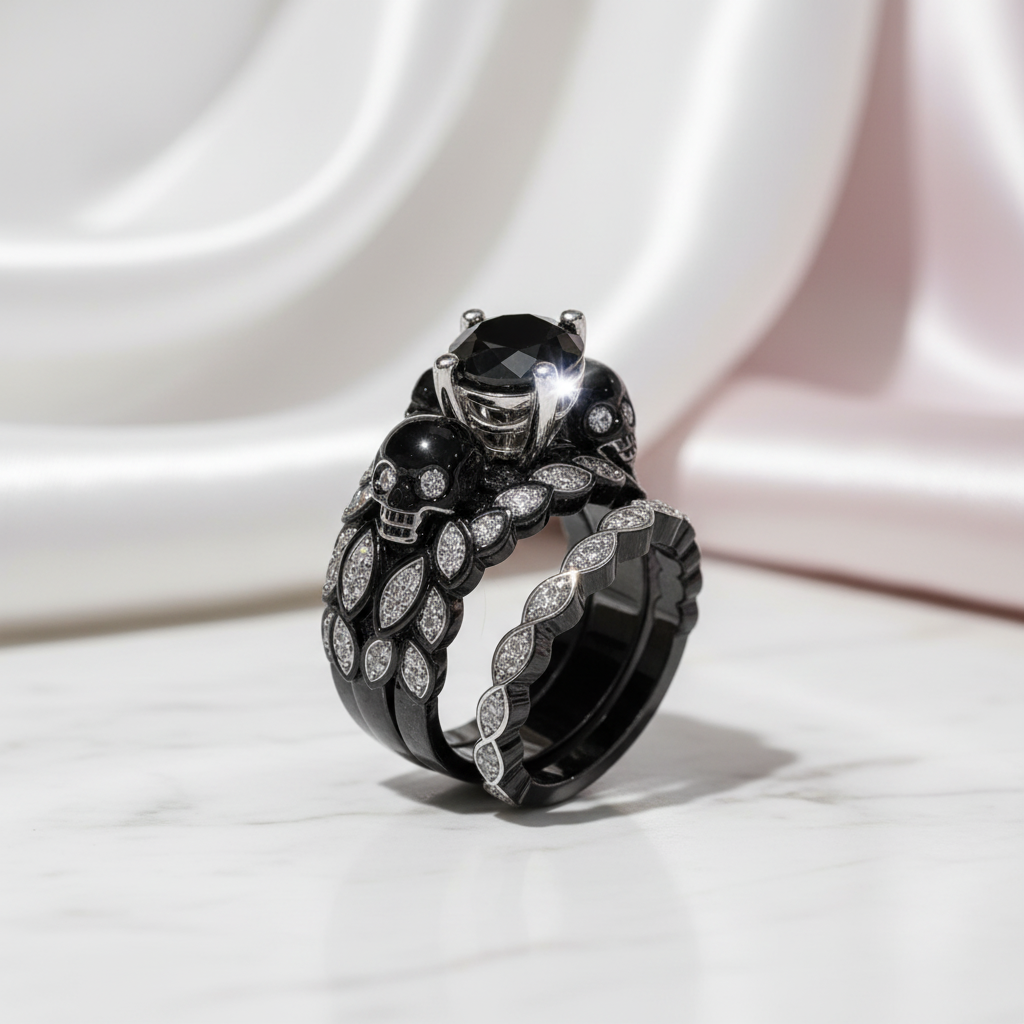 You're My Forever- 1.25 Carat Round Cut Diamond Option Skulls Promise Ring Set-Black Diamonds New York