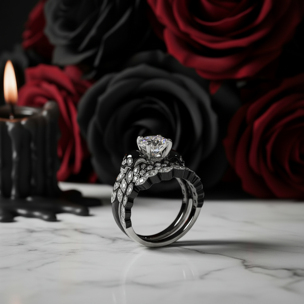 You're My Forever- 1.25 Carat Round Cut Diamond Option Skulls Promise Ring Set-Black Diamonds New York