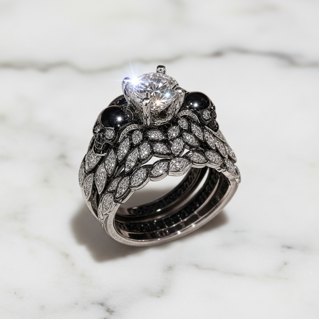 You're My Forever- 1.25 Carat Round Cut Diamond Option Skulls Promise Ring Set-Black Diamonds New York