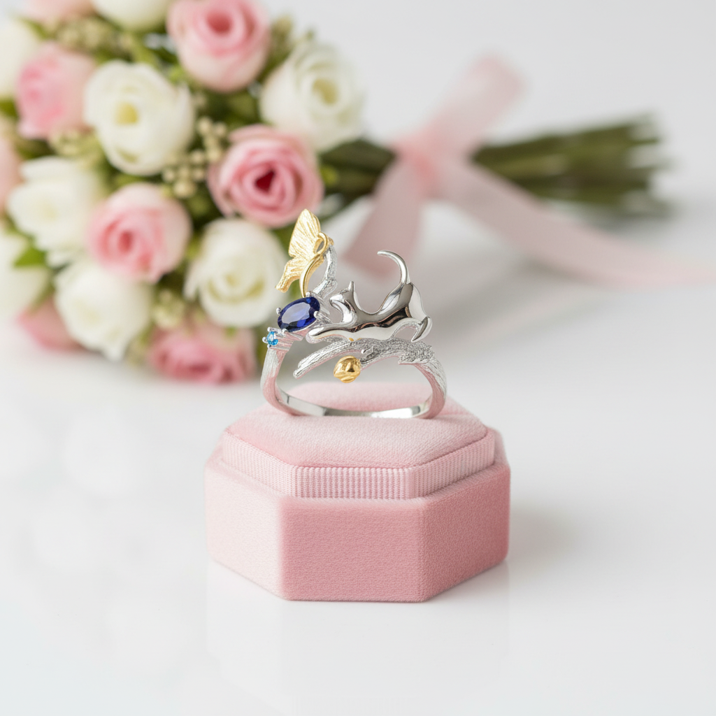 0.30Ct Blue Sapphire Cat & Cupid Adjustable Rings-Black Diamonds New York