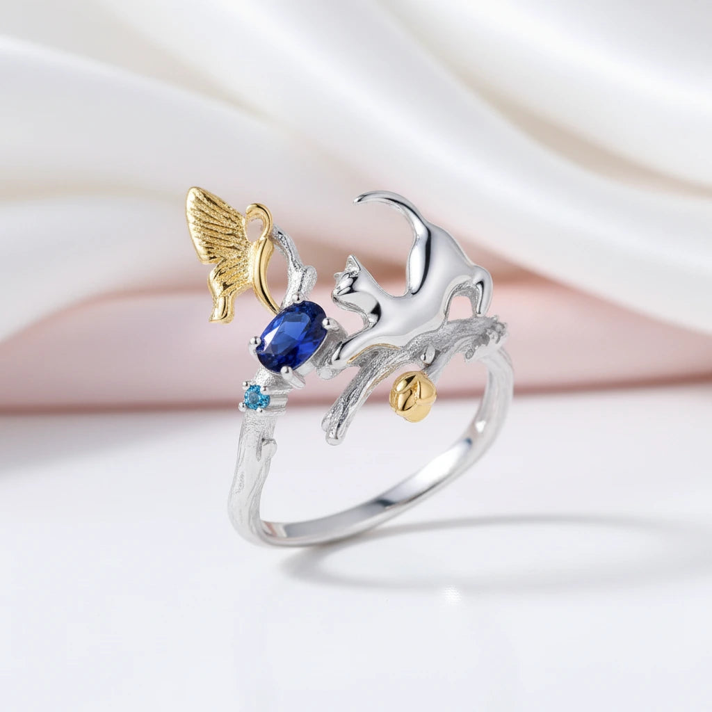 0.30Ct Blue Sapphire Cat & Cupid Adjustable Rings-Black Diamonds New York