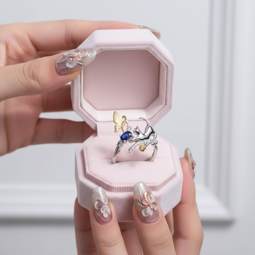 0.30Ct Blue Sapphire Cat & Cupid Adjustable Rings-Black Diamonds New York