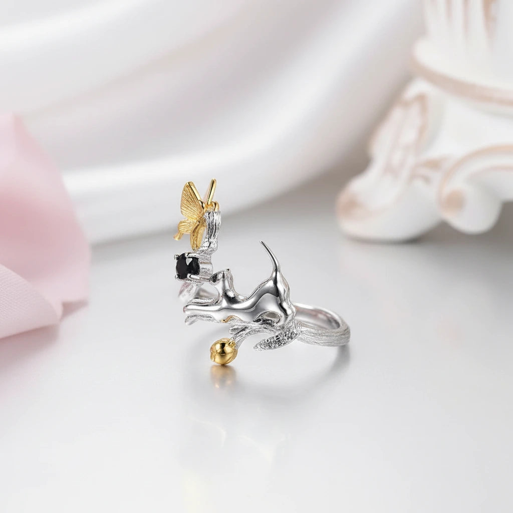 0.30Ct Blue Sapphire Cat & Cupid Adjustable Rings-Black Diamonds New York