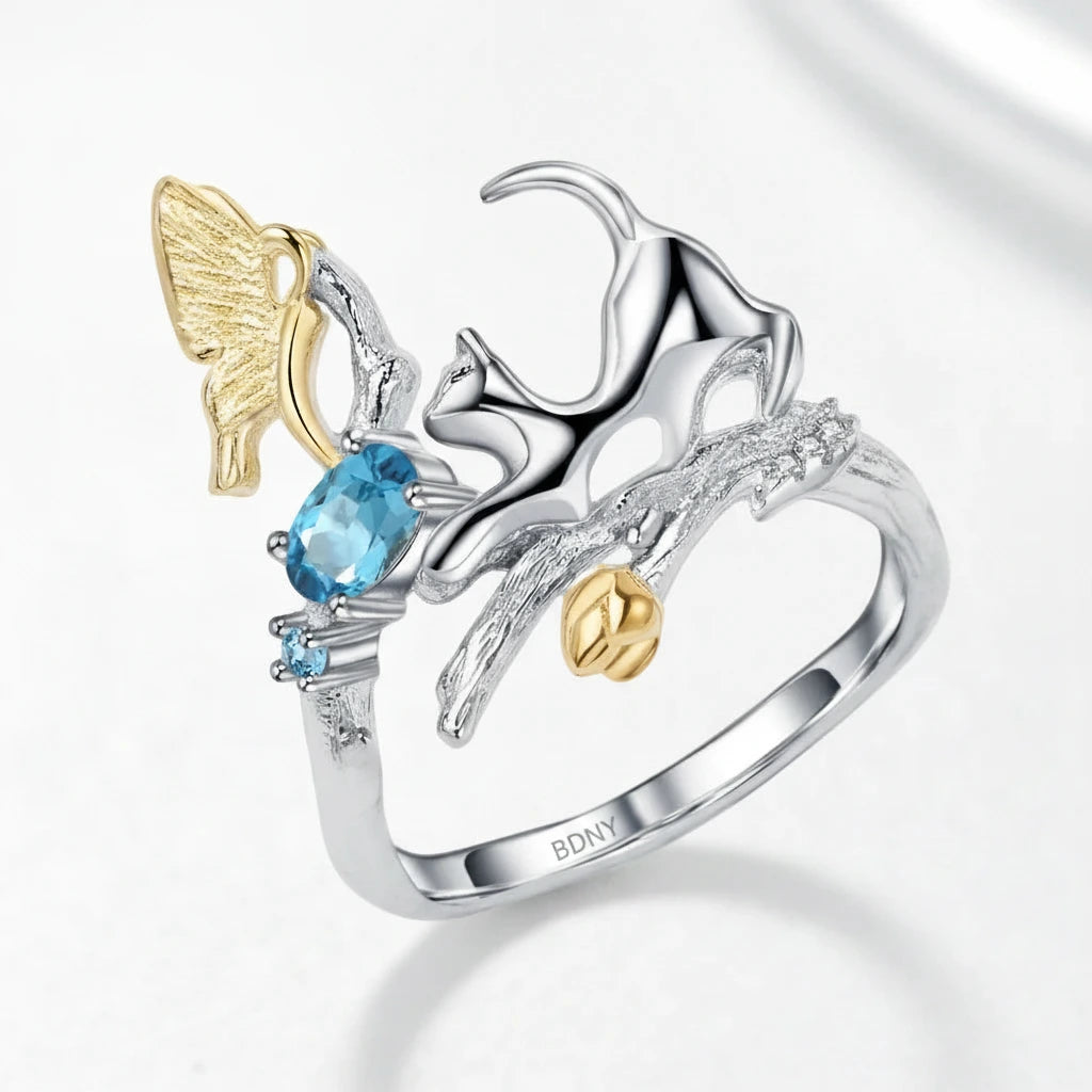0.30Ct Blue Sapphire Cat & Cupid Adjustable Rings-Black Diamonds New York