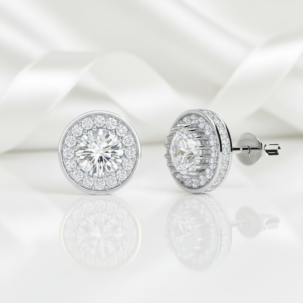 0.5 Ct Round Cut Diamond Halo Stud Earrings