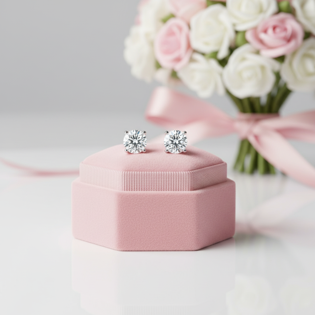 Diamond earrings on a pink jewelry box with flowers in the background