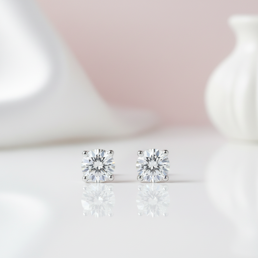 Diamond stud earrings on a reflective surface with a soft pink background