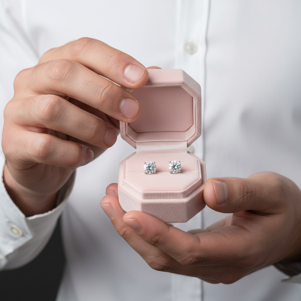 Person holding a pink jewelry box with diamond earrings inside.