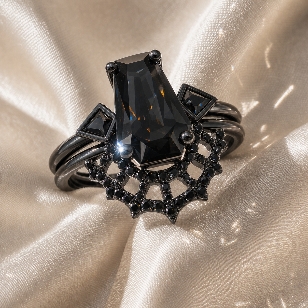LOVE SPELL- Coffin Cut Diamond Option Spider Web Gothic Wedding Ring Set-Black Diamonds New York