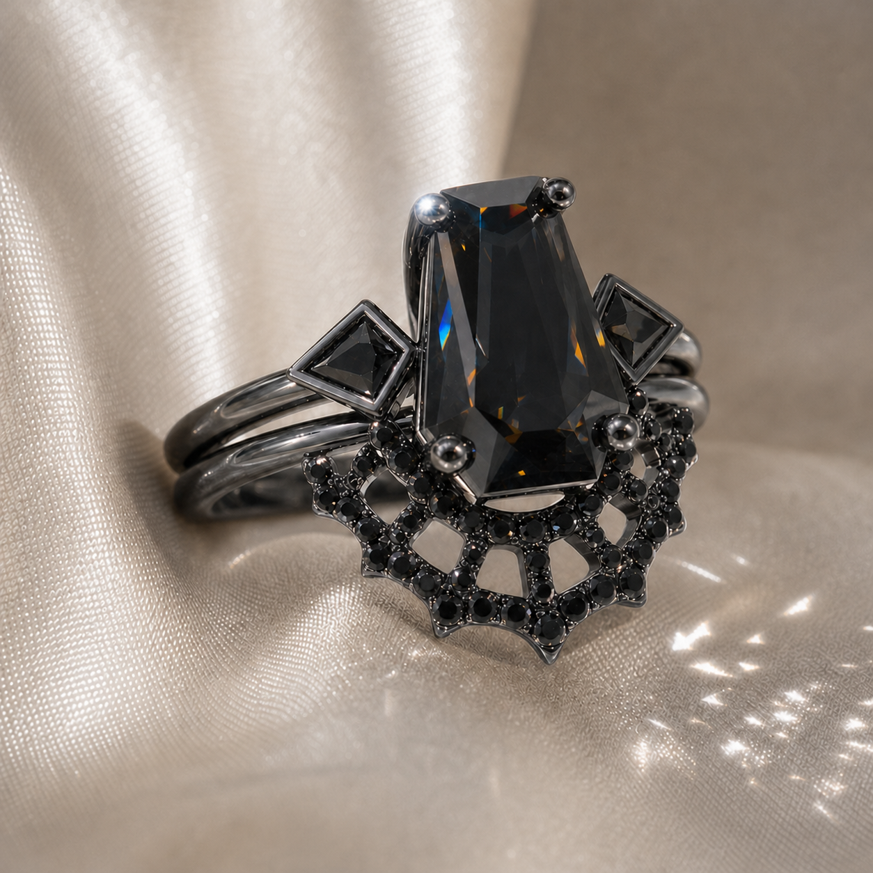 LOVE SPELL- Coffin Cut Diamond Option Spider Web Gothic Wedding Ring Set-Black Diamonds New York