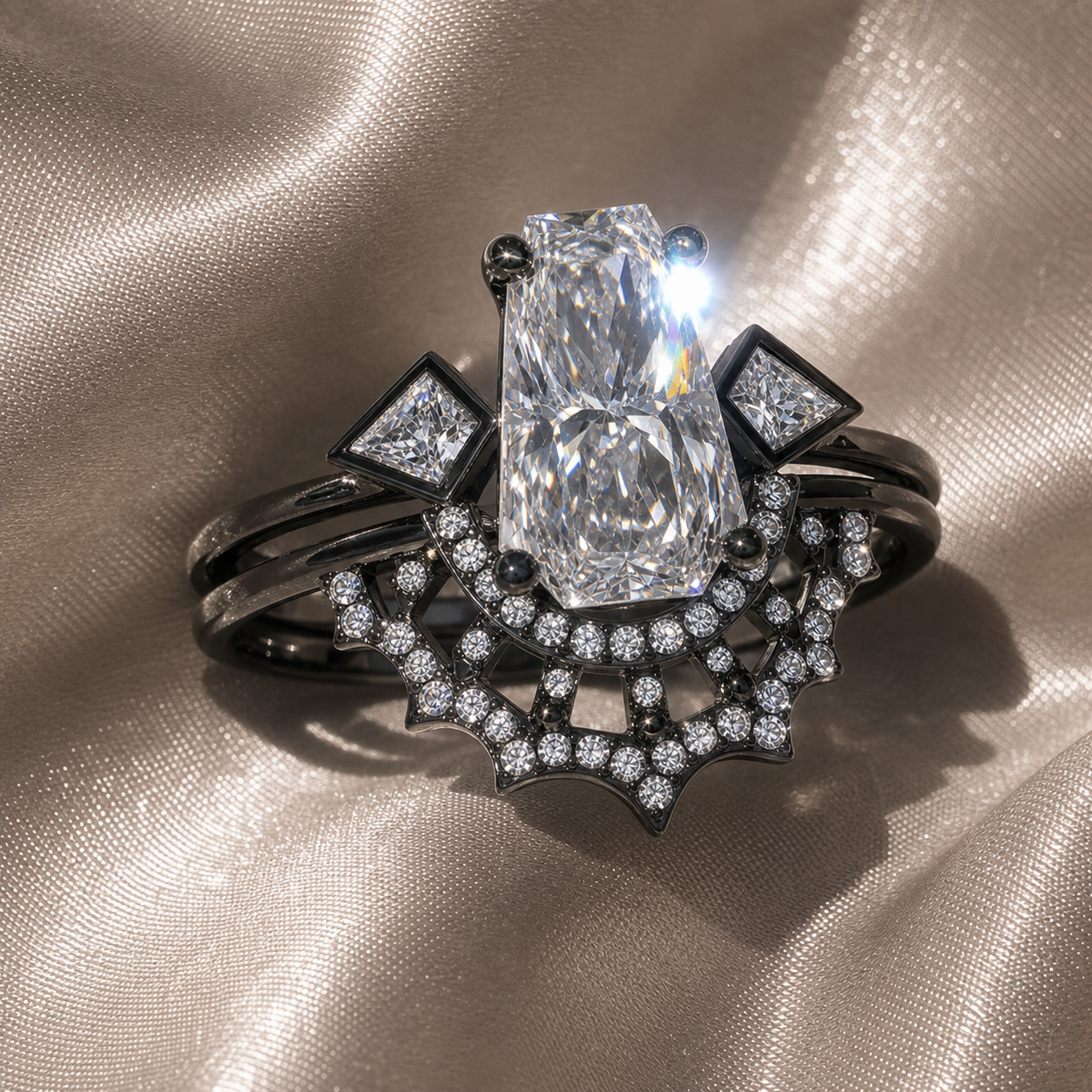 LOVE SPELL- Coffin Cut Diamond Option Spider Web Gothic Wedding Ring Set-Black Diamonds New York