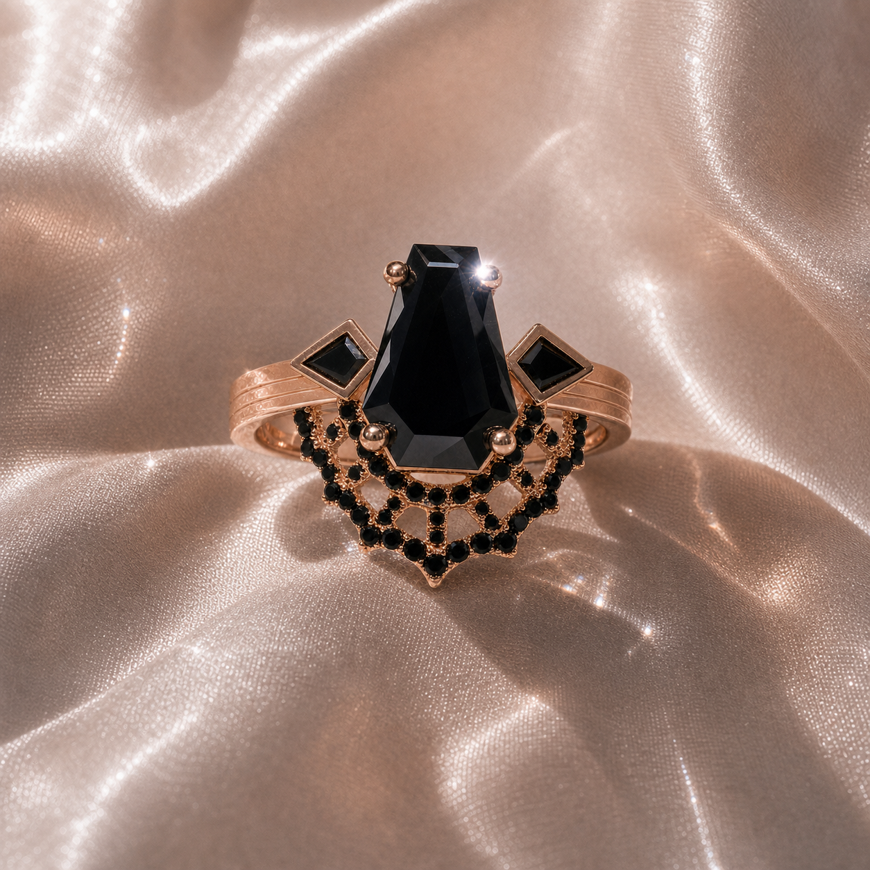 LOVE SPELL- Coffin Cut Diamond Option Spider Web Gothic Wedding Ring Set-Black Diamonds New York