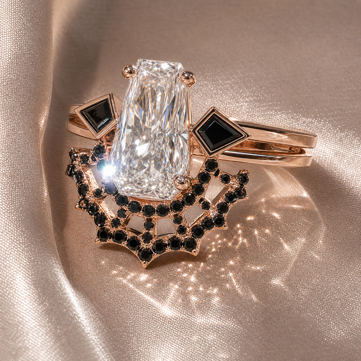 LOVE SPELL- Coffin Cut Diamond Option Spider Web Gothic Wedding Ring Set-Black Diamonds New York