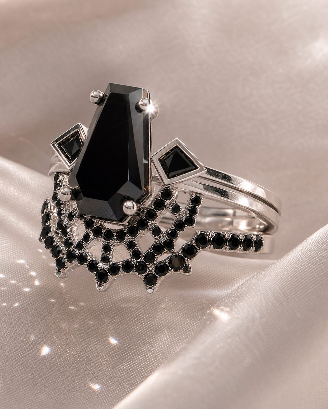 LOVE SPELL- Coffin Cut Diamond Option Spider Web Gothic Wedding Ring Set-Black Diamonds New York